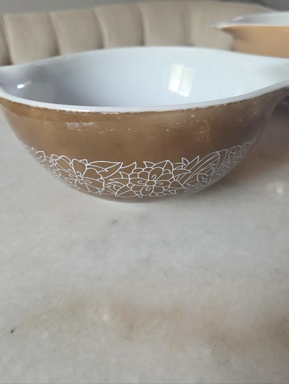 Vintage PYREX Woodland Tan Brown Cinderella Nesting Mixing Bowl Set #442 #443